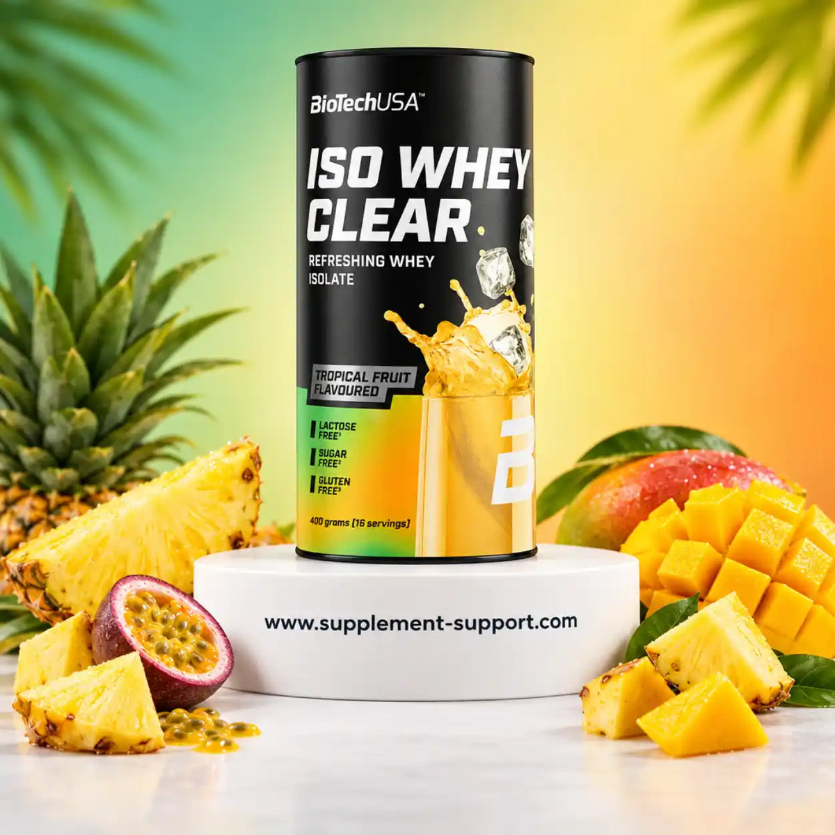 BioTech USA Iso Whey Clear Protein Pulver in Tropical Fruit Geschmack mit Ananas und Mango.