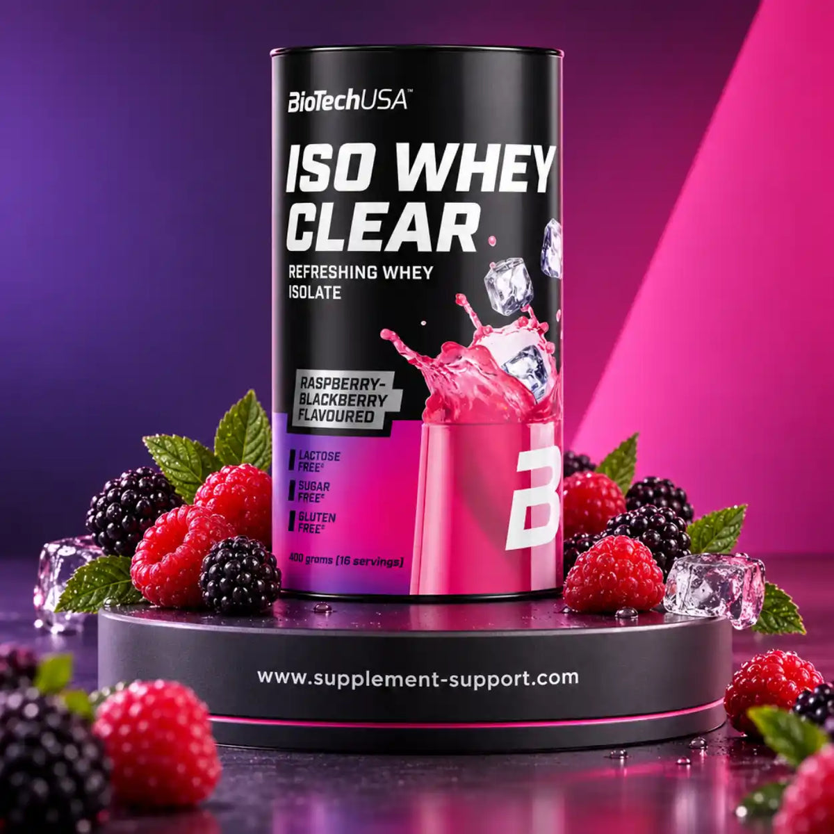 BioTech USA Iso Whey Clear Proteinpulver Himbeer-Brombeer Geschmack mit frischen Beeren