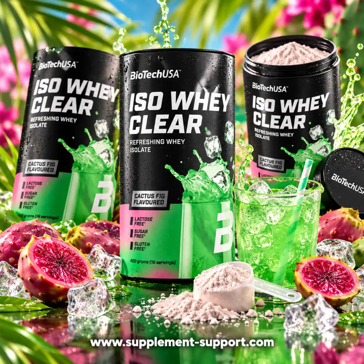 BioTech USA Iso Whey Clear Protein Pulver Geschmack Kaktus-Feige mit frischen Früchten und Getränk