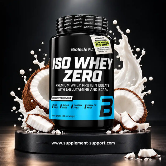 BioTech USA Iso Whey Zero Protein Isolat Kokosgeschmack 908g mit Kokosnuss und Milchspritzer