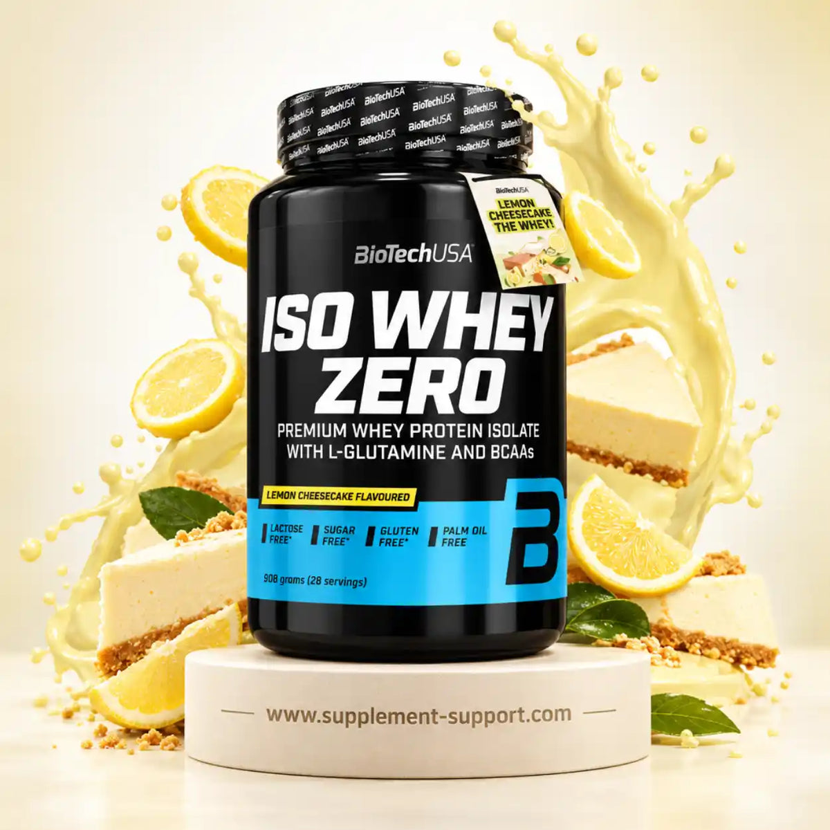 BioTech USA Iso Whey Zero Protein in Lemon Cheesecake Geschmack mit Zitronen und Käsekuchen.