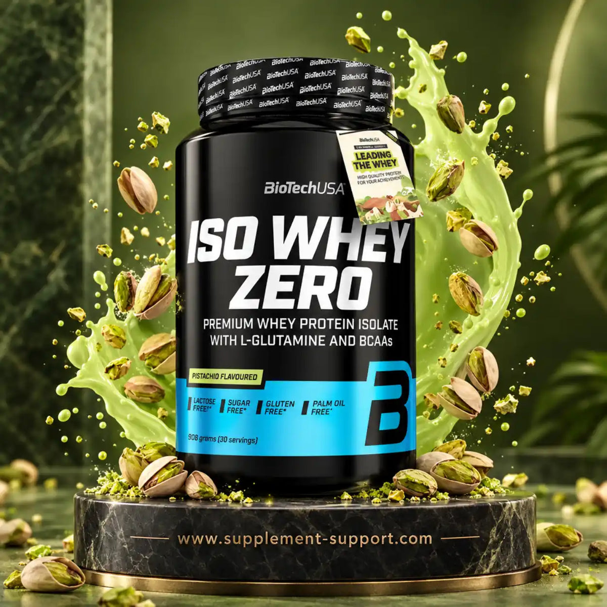 BioTech USA Iso Whey Zero Protein Isolat, Pistaziengeschmack, 908g Dose mit Pistazien