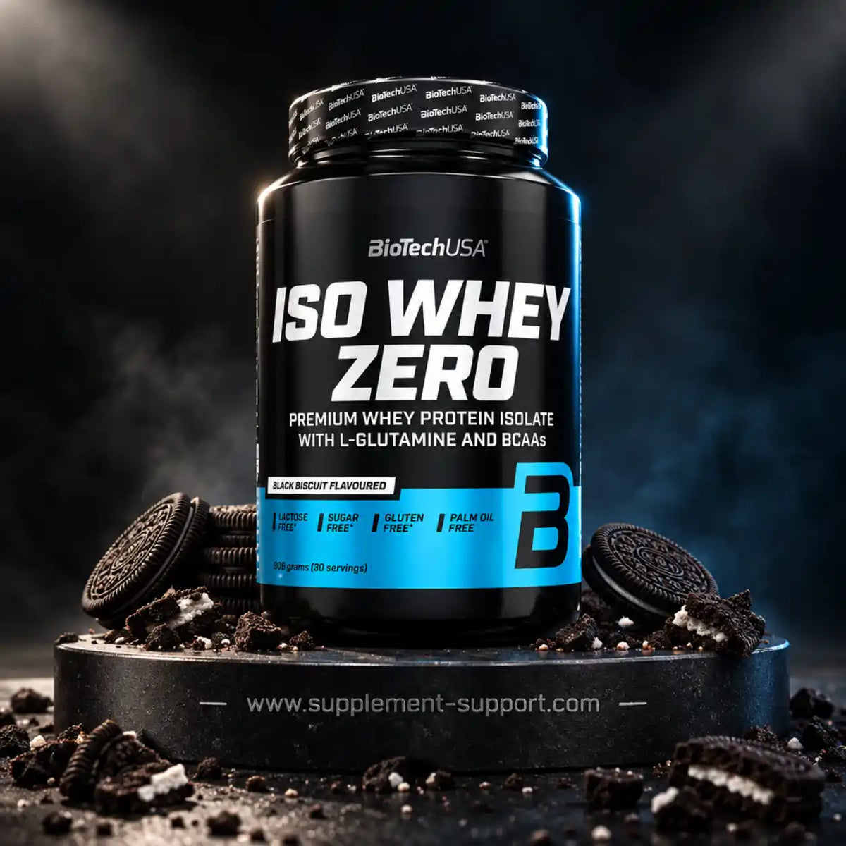 BioTech USA Iso Whey Zero Protein 908g im Geschmack Black Biscuit mit Schoko-Keksen