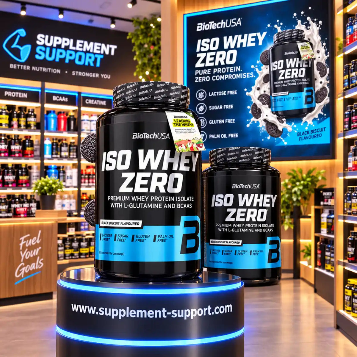 BioTech USA Iso Whey Zero Whey Protein Isolat in Black Biscuit Geschmack auf einem Display.
