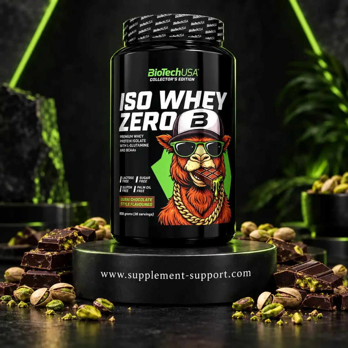BioTech USA Iso Whey Zero Protein im Dubai Chocolate Geschmack mit Lama-Illustration