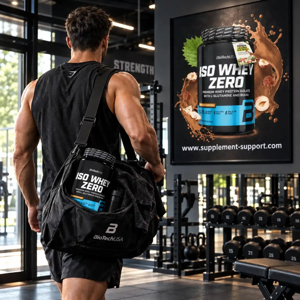 Muskulöser Mann im Fitnessstudio mit BioTech USA Iso Whey Zero Proteinpulver in der Sporttasche.
