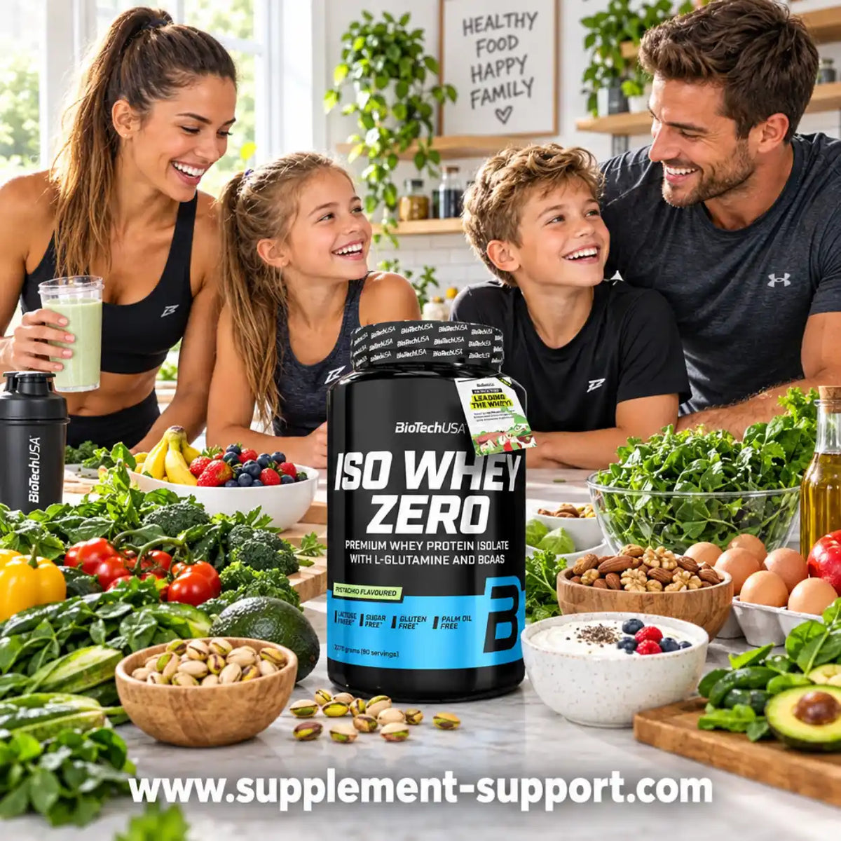 BioTech USA Iso Whey Zero Proteinpulver auf einem Tisch mit gesunden Lebensmitteln und einer Familie