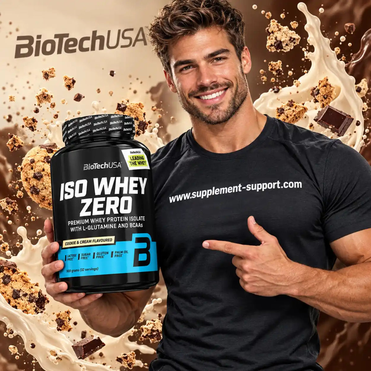 Muskulöser Mann hält BioTech USA Iso Whey Zero Protein im Cookie & Cream Geschmack.
