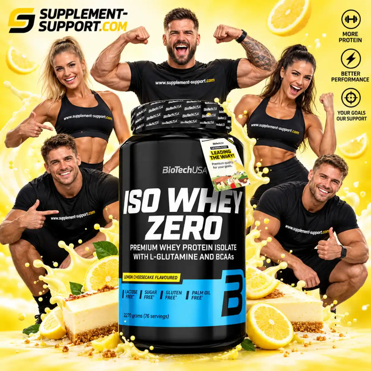 BioTech USA Iso Whey Zero Protein-Isolat in Zitronen-Cheesecake-Geschmack mit Fitness-Modellen.