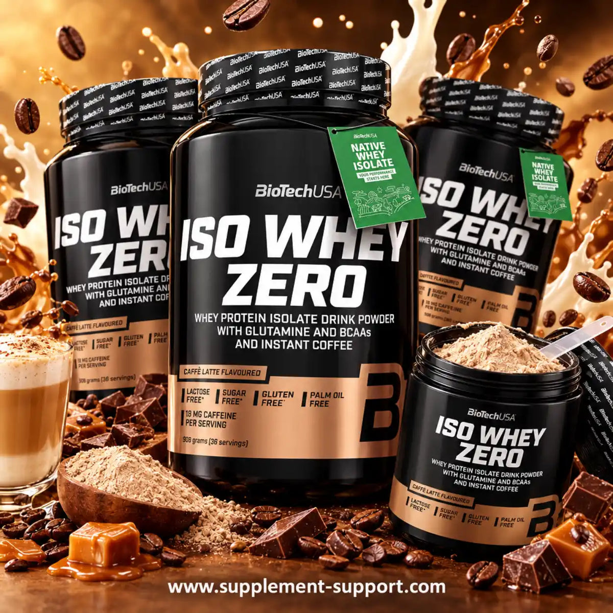 BioTech USA Iso Whey Zero Protein-Pulver in Caffe Latte Geschmack mit Kaffeebohnen und Schokolade.