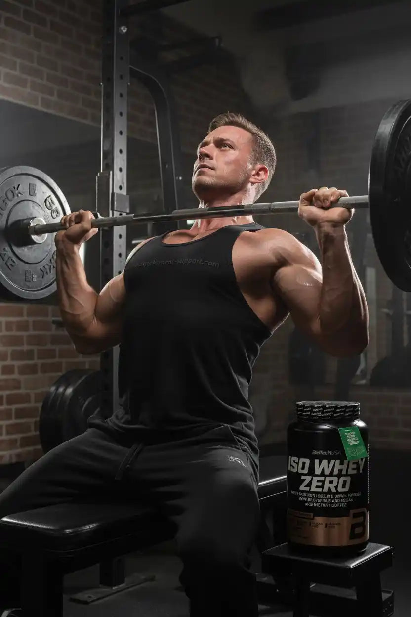 Muskulöser Athlet beim Bankdrücken mit ISO Whey Zero Eiweißpulver im Fitnessstudio