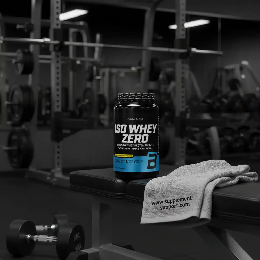 ISO Whey Zero Proteinpulver von BioTechUSA auf Trainingsbank im Fitnessstudio mit Handtuch