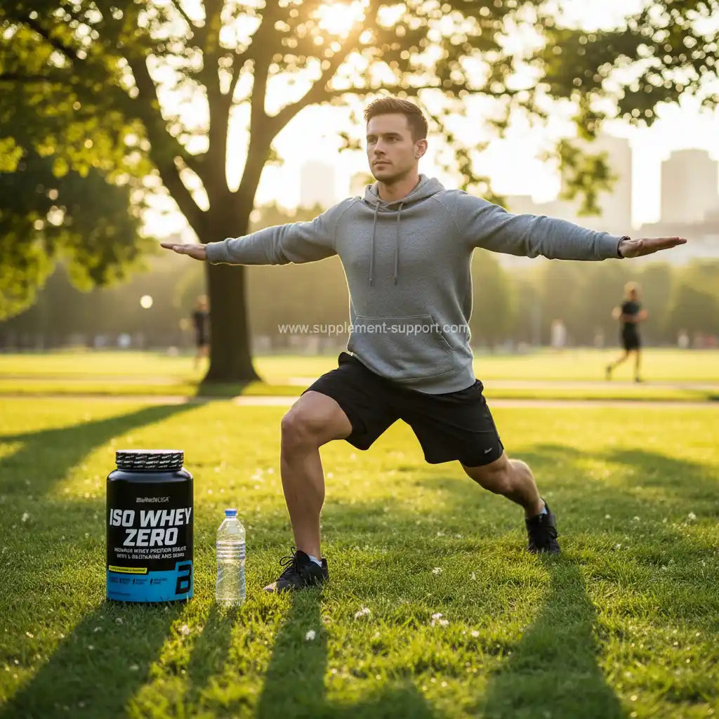 Mann beim Training im Park mit ISO Whey Zero Proteinpulver und Wasserflasche, ideal für Fitness und Sportler