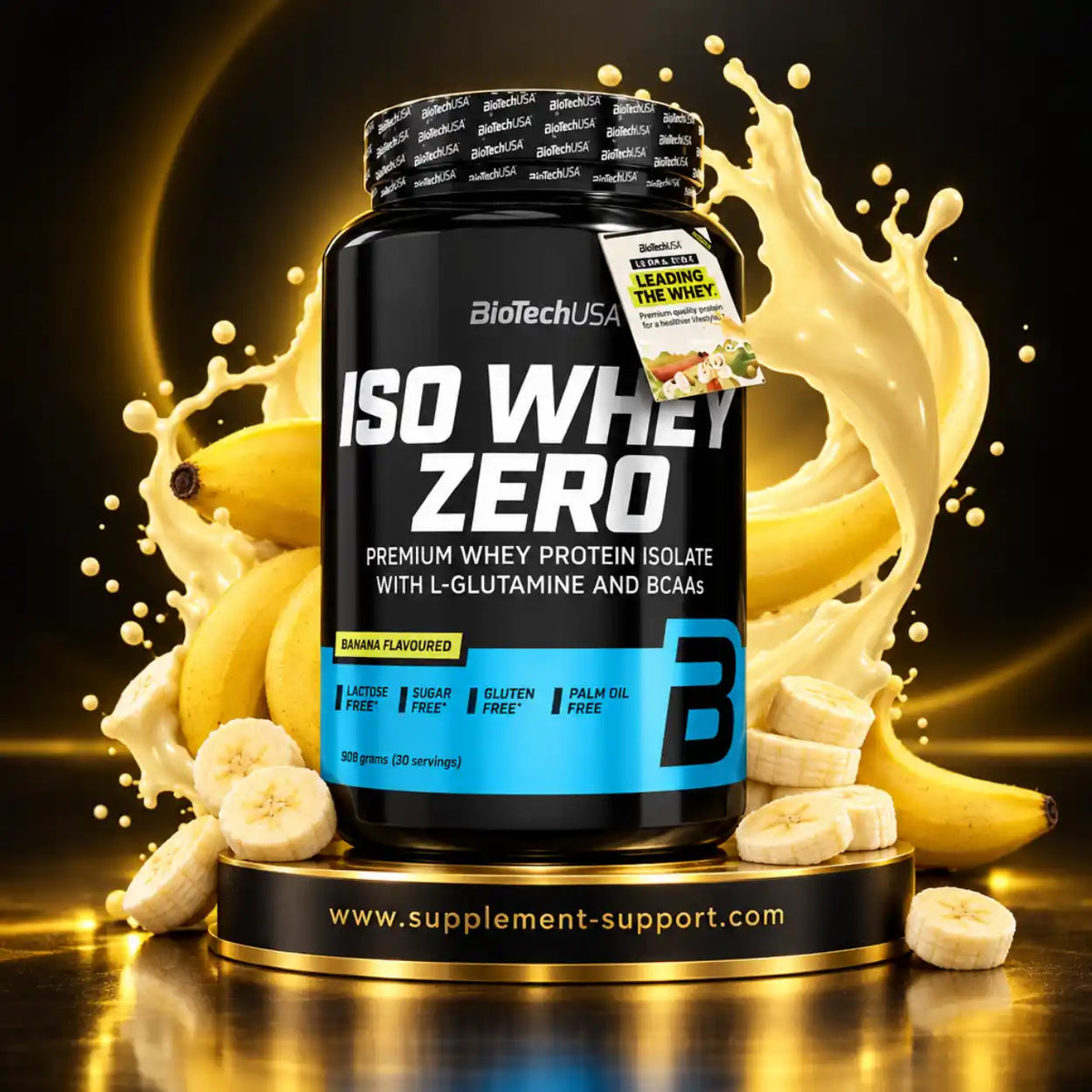 BioTech USA Iso Whey Zero Whey Protein Isolat, Bananengeschmack, 908g Dose mit Bananen