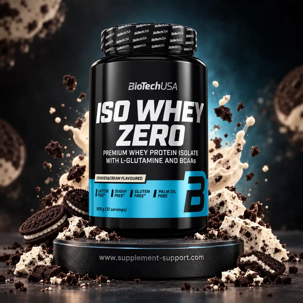 BioTech USA Iso Whey Zero Protein Pulver, Cookies & Cream Geschmack, 908g Dose