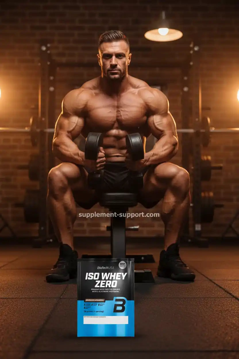 Muskulöser Mann mit Hanteln und ISO WHEY ZERO Proteinpulver im Fitnessstudio