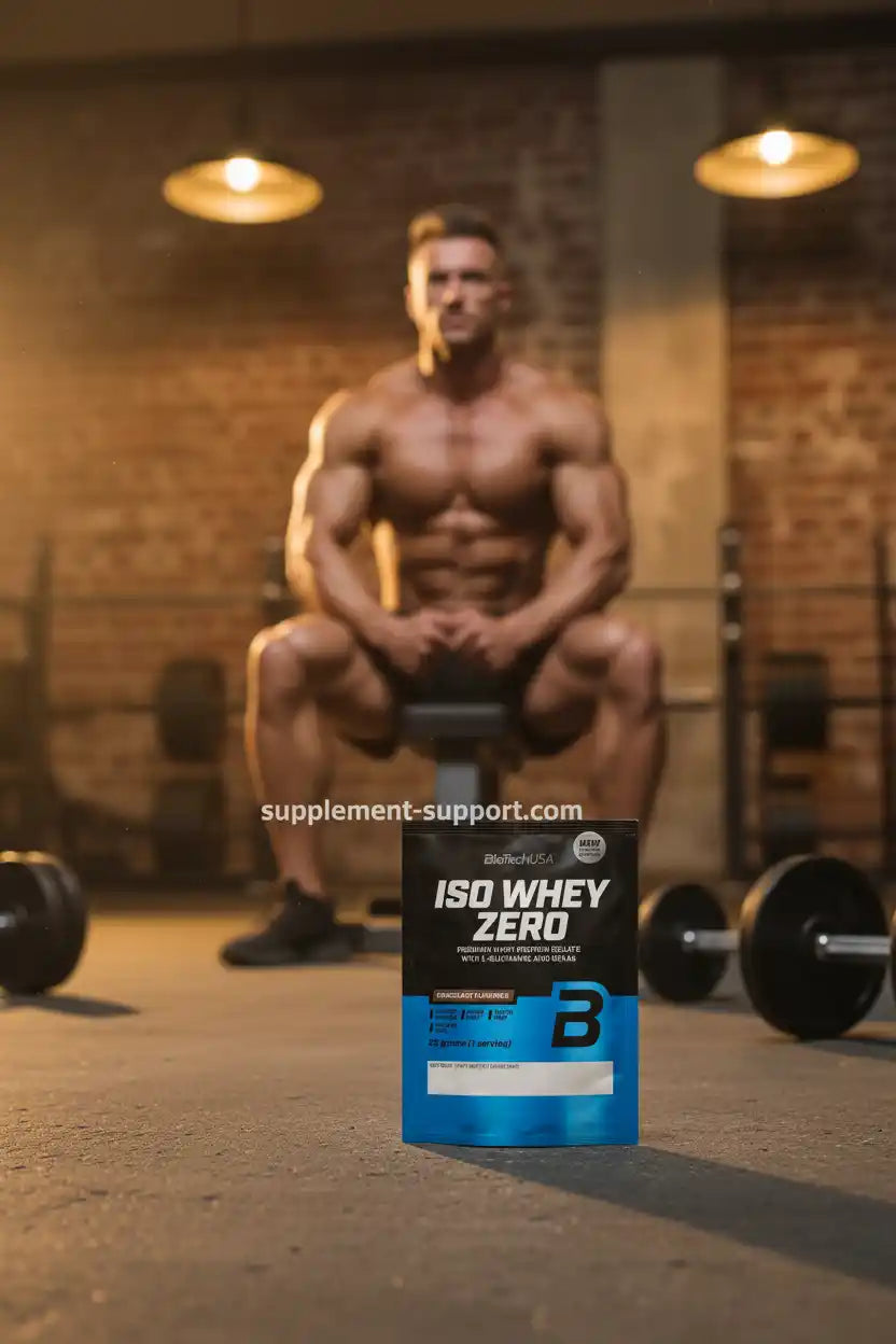 ISO Whey Zero Eiweißpulver vor muskulösem Athleten im Fitnessstudio, ideal für Sportler und Fitness