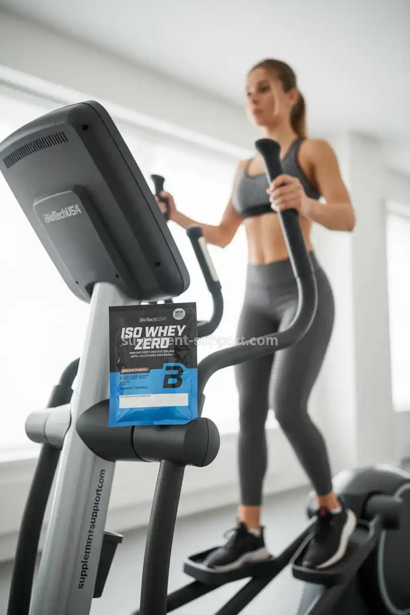 ISO WHEY ZERO Proteinpulver auf Crosstrainer im Fitnessstudio, ideal für Sportler und Fitness-Enthusiasten