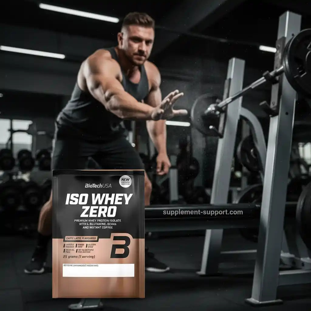 BioTechUSA ISO Whey Zero Eiweißpulver im Fitnessstudio mit Muskelmann und Gewichten