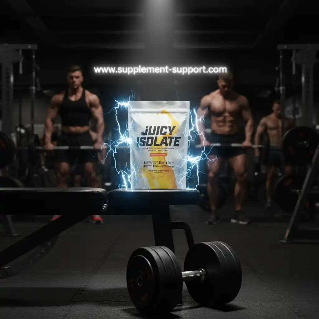 Juicy Isolate Eiweißpulver für Muskelaufbau im Fitnessstudio mit Athleten und Hanteln