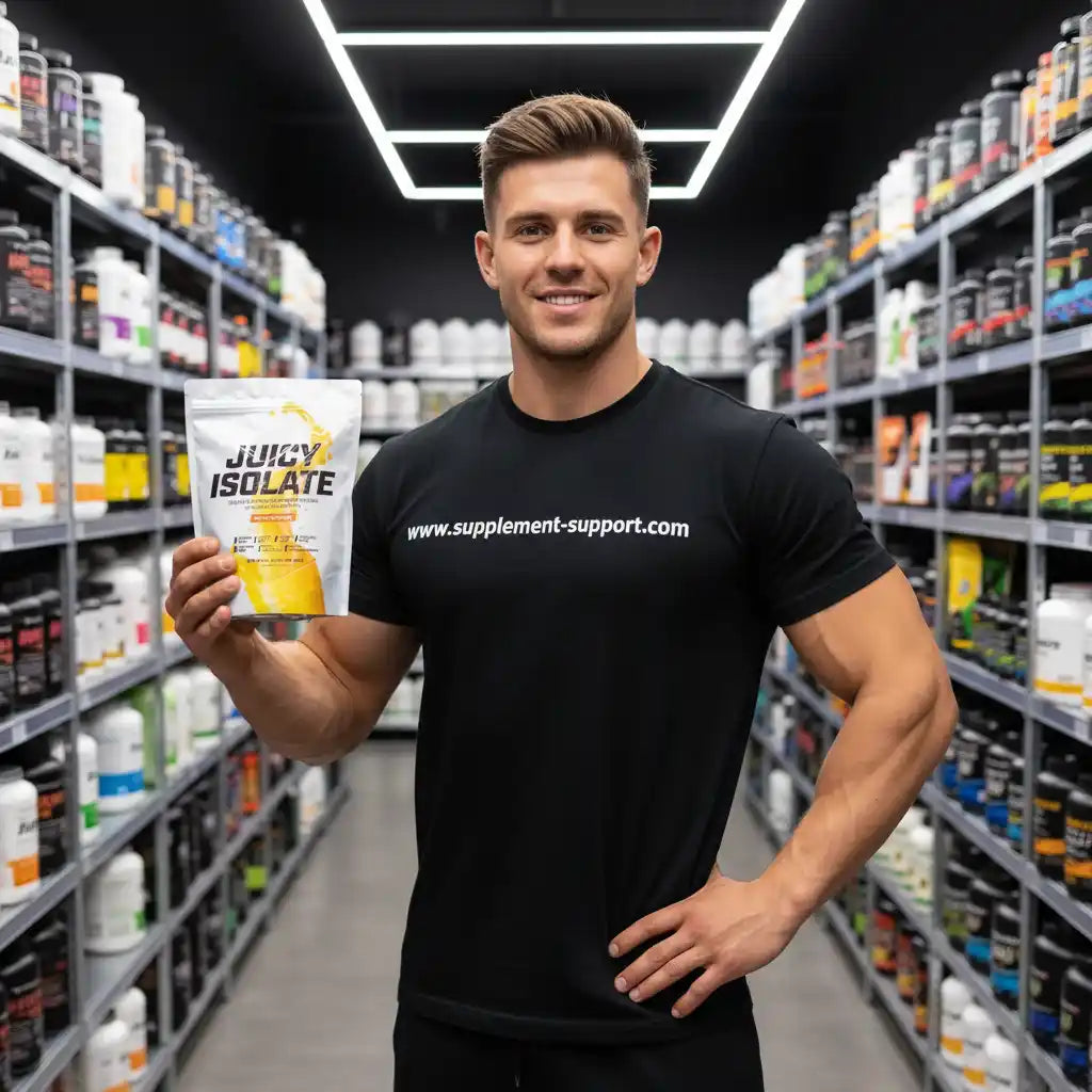 Muskulöser Mann hält Juicy Isolate Proteinpulver in Sportnahrungsladen, ideal für Fitness und Muskelaufbau