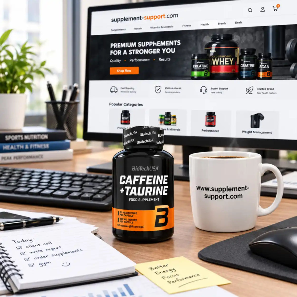 BioTech USA Koffein + Taurin Kapseln auf einem Schreibtisch vor einem Computerbildschirm.