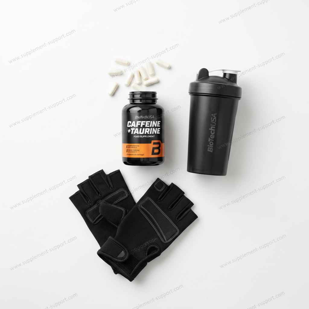 Koffein + Taurin Nahrungsergänzungsmittel mit Shaker und Fitnesshandschuhen für Sportler