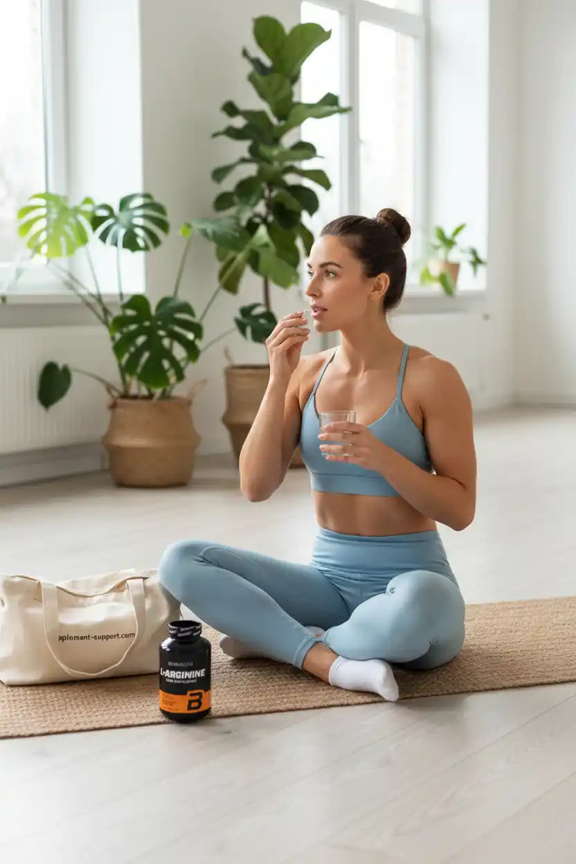 Frau nimmt L-Arginin Kapsel mit Wasser ein, ideal für Fitness und Sportnahrung