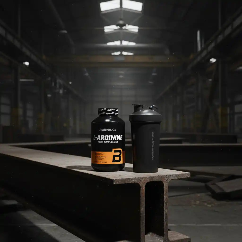 L-Arginin Nahrungsergänzungsmittel von BioTechUSA mit Shaker in Industrieumgebung