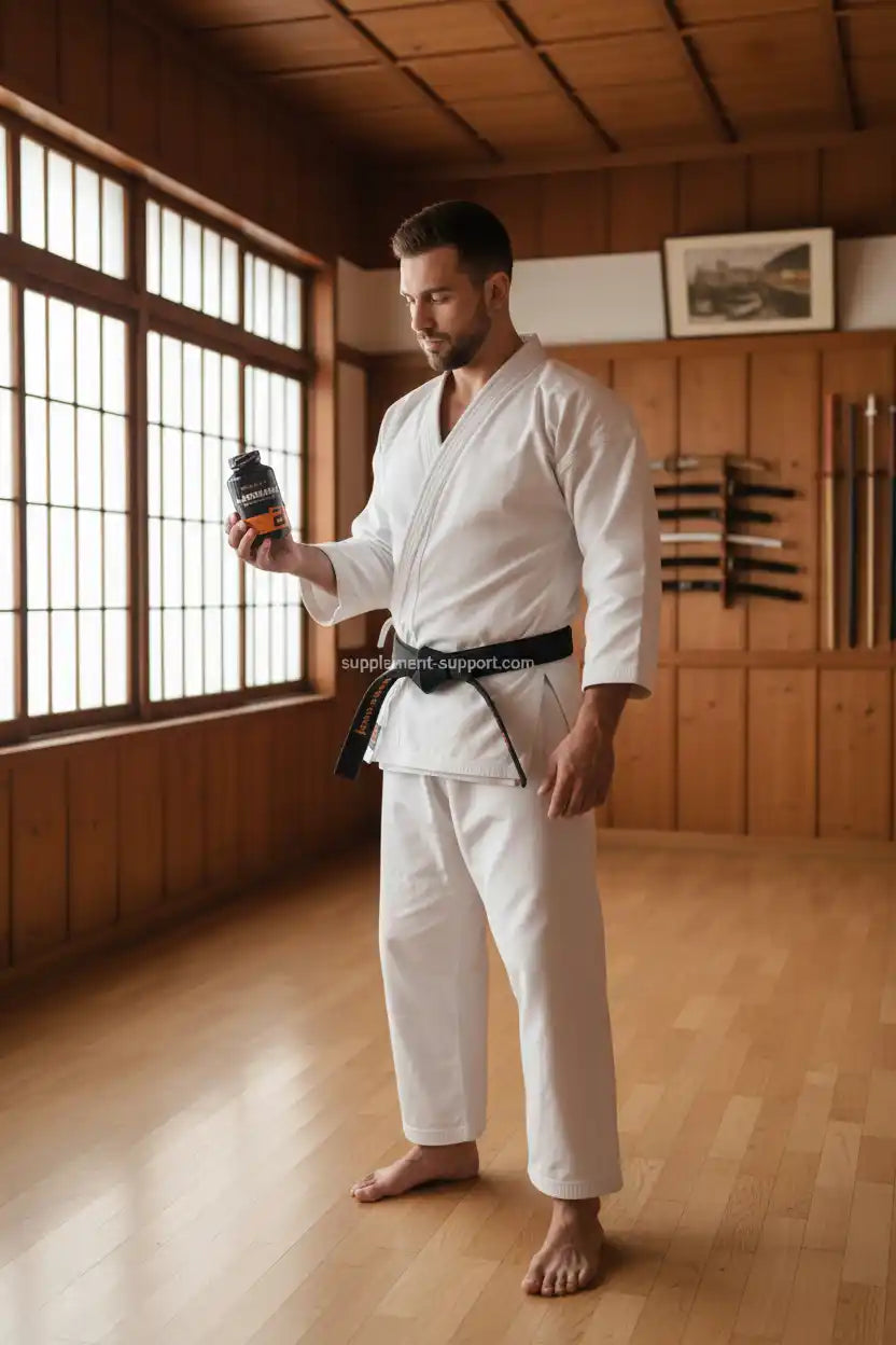 Mann in Karate-Gi mit Nahrungsergänzungsmittel für Sportler