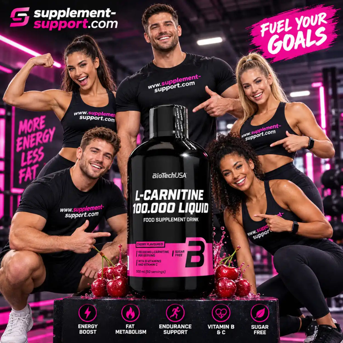 BioTech USA L-Carnitine Liquid 100.000 Kirschgeschmack mit Sportlern im Fitnessstudio.
