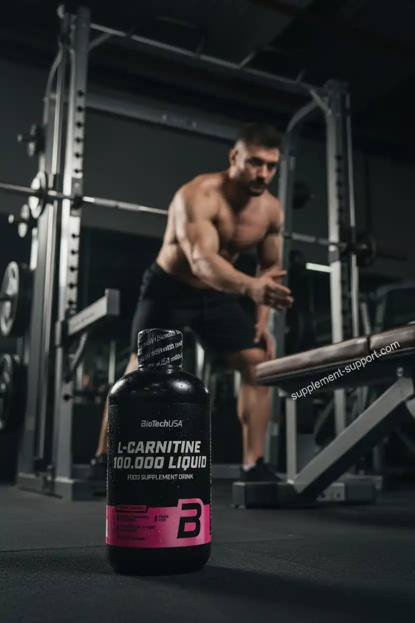 L-Carnitin 100.000 Liquid Nahrungsergänzung im Fitnessstudio mit muskulösem Athleten