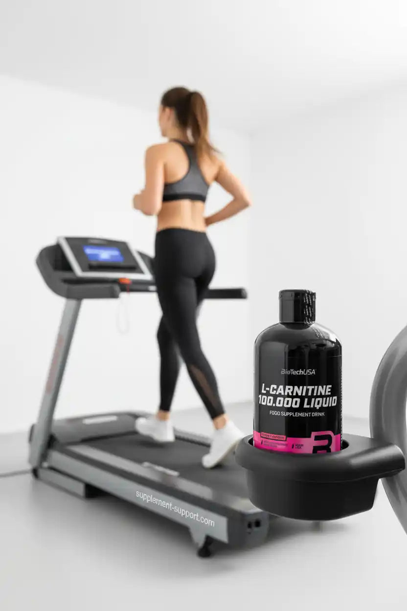 L-Carnitin 100.000 Liquid von BioTechUSA auf Laufband, ideal für Fitness & Sportler