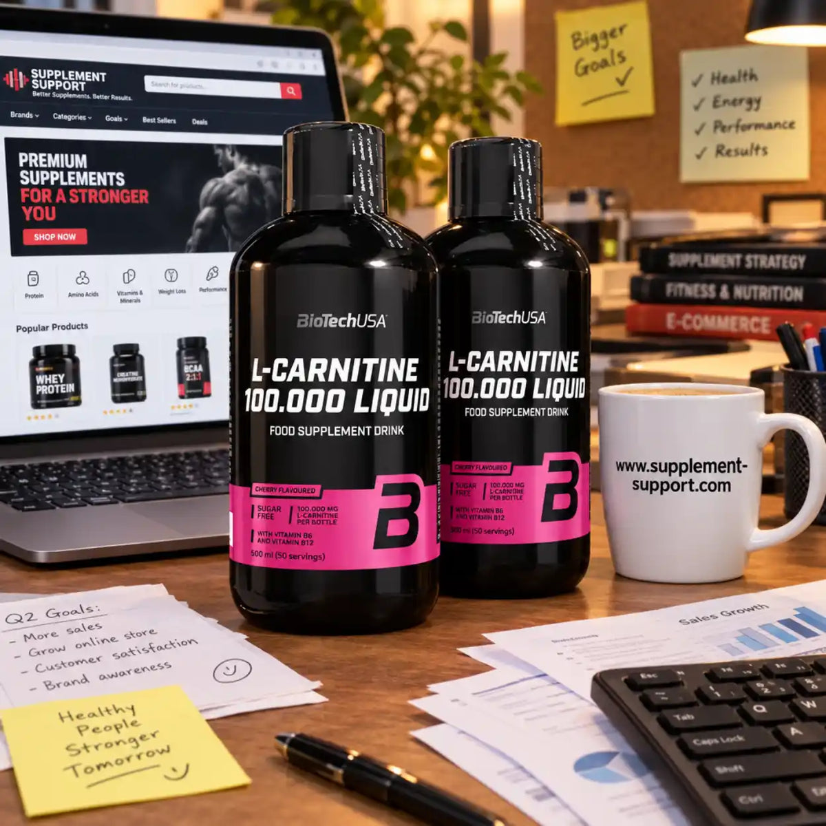 Zwei Flaschen BioTech USA L-Carnitine Liquid 100.000 auf einem Schreibtisch neben einem Laptop.