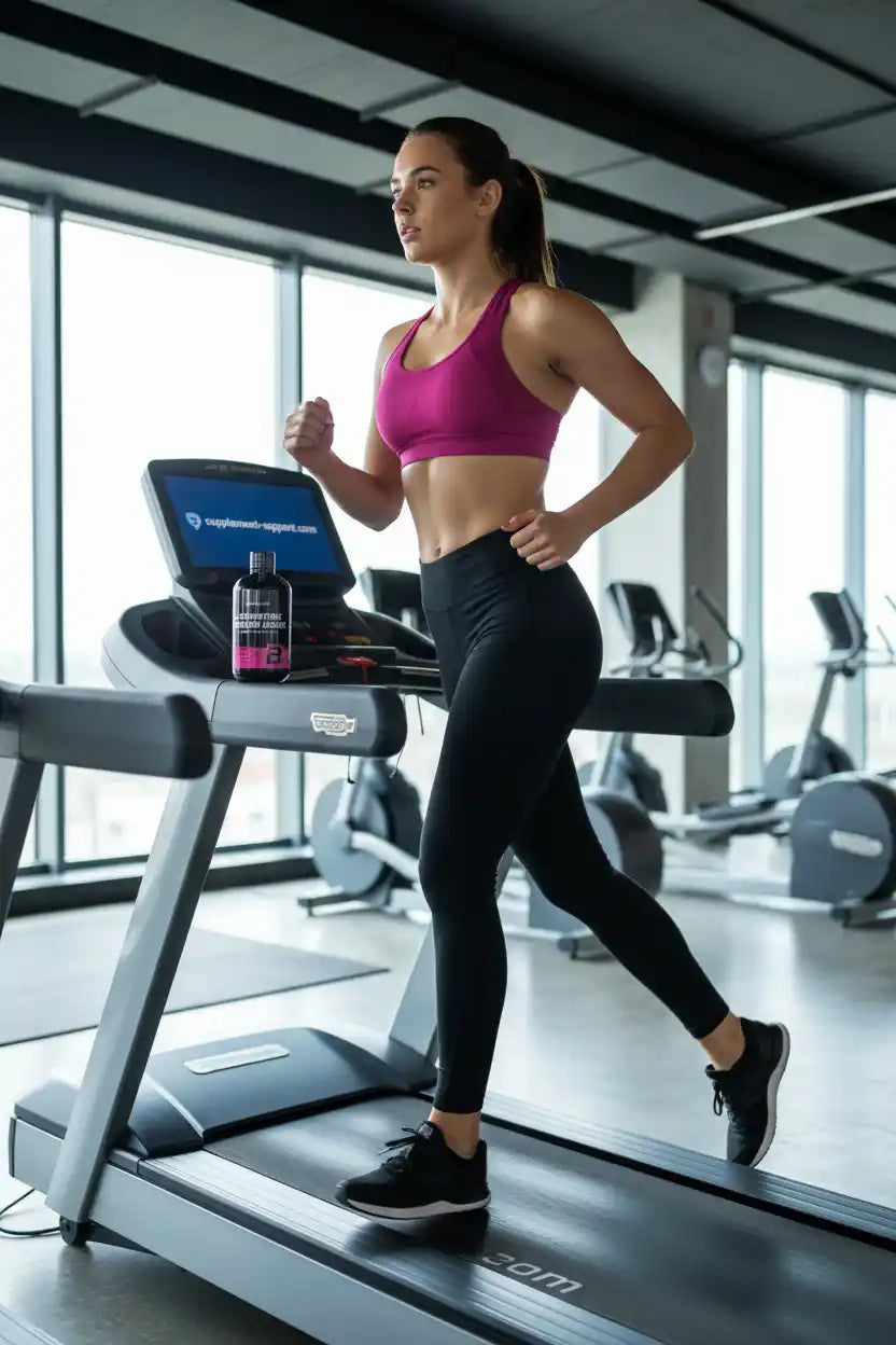 Frau joggt auf Laufband im Fitnessstudio mit Nahrungsergänzungsmittel, ideal für Sportler und Fitness-Enthusiasten