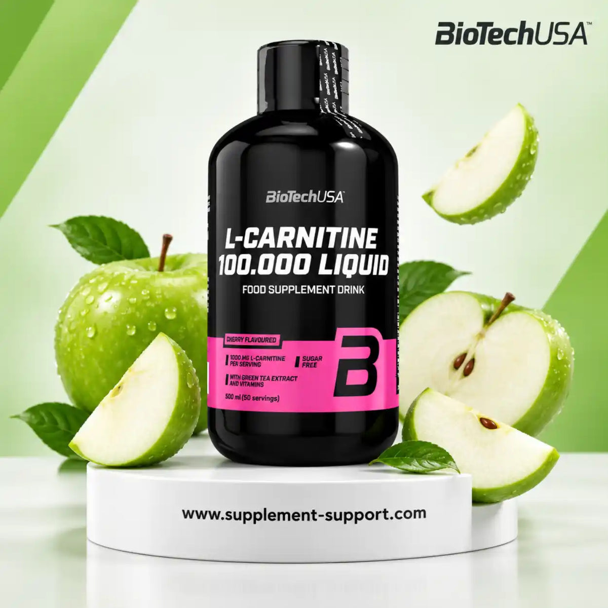 BioTech USA L-Carnitine Liquid 100.000 Nahrungsergänzungsmittel mit grünen Äpfeln