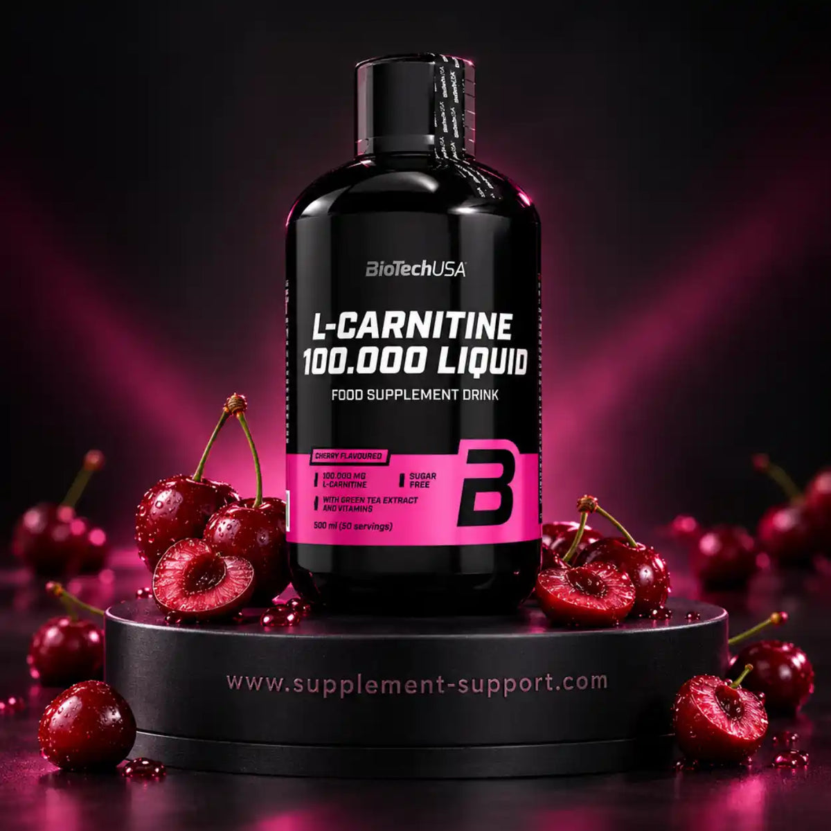 BioTech USA L-Carnitine Liquid 100.000 Kirschgeschmack 500ml Flasche mit Kirschen