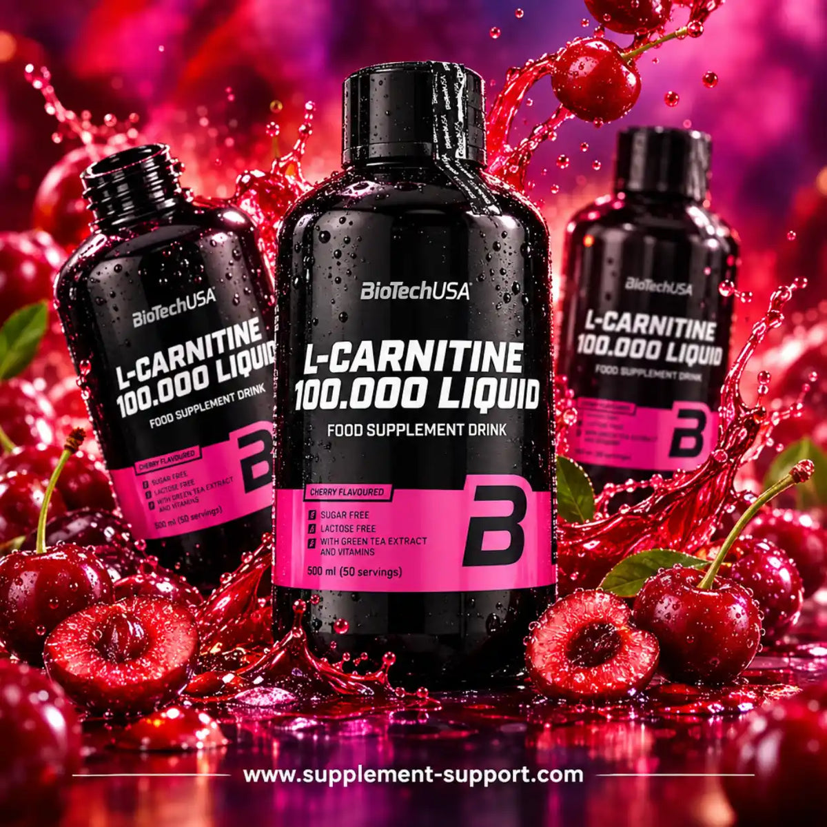 BioTech USA L-Carnitine Liquid 100.000 Kirsch-Geschmack Nahrungsergänzungsmittel