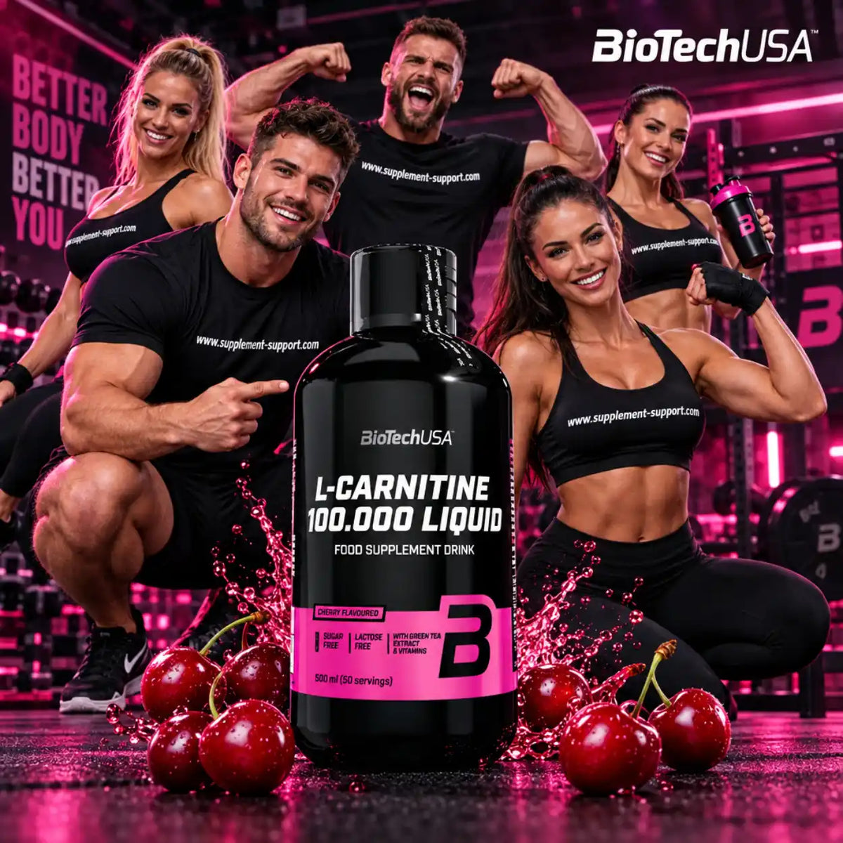 BioTech USA L-Carnitine Liquid 100.000 Kirschgeschmack mit Sportlern im Fitnessstudio
