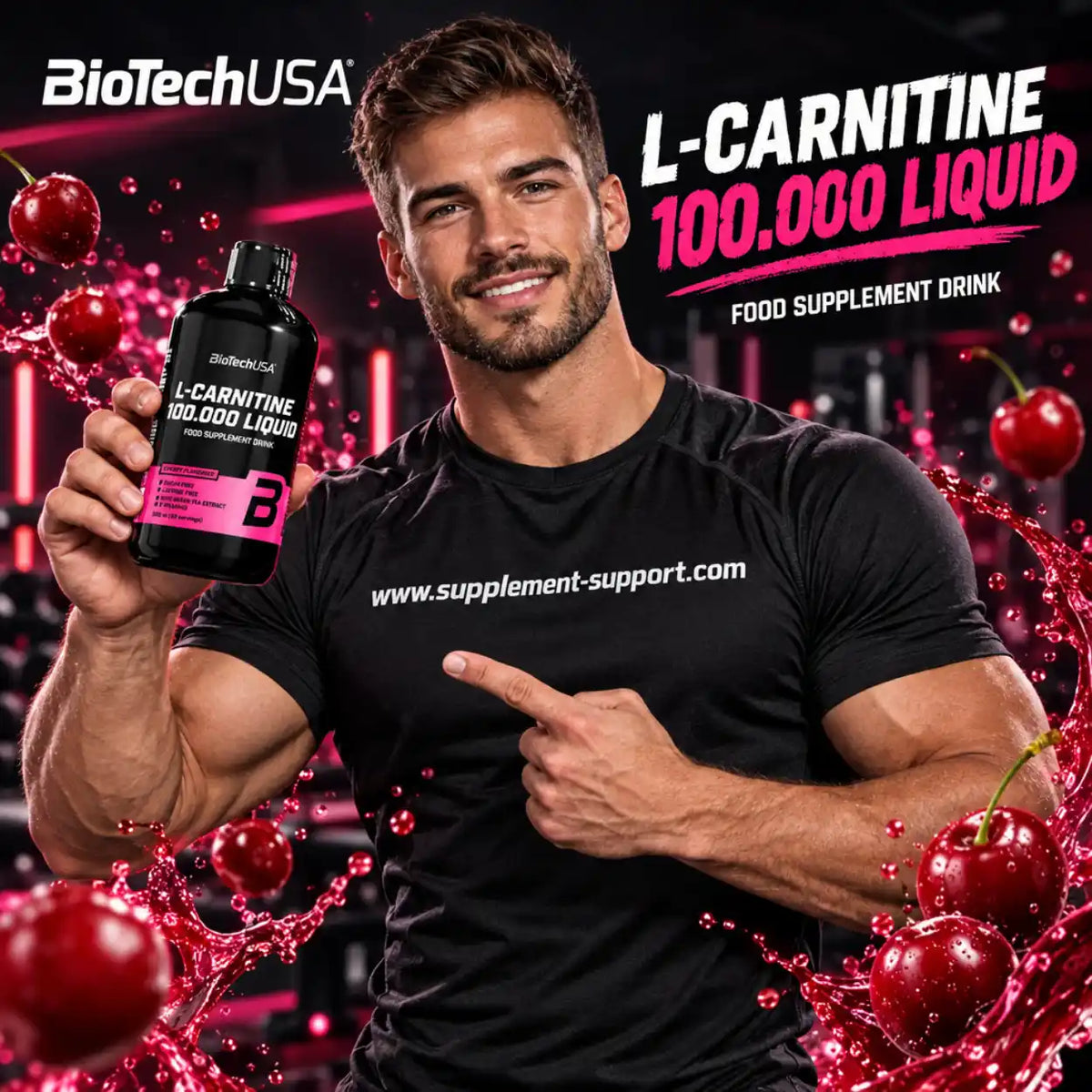 Muskulöser Mann hält eine Flasche BioTech USA L-Carnitine 100.000 Liquid mit Kirschen im Hintergrund.