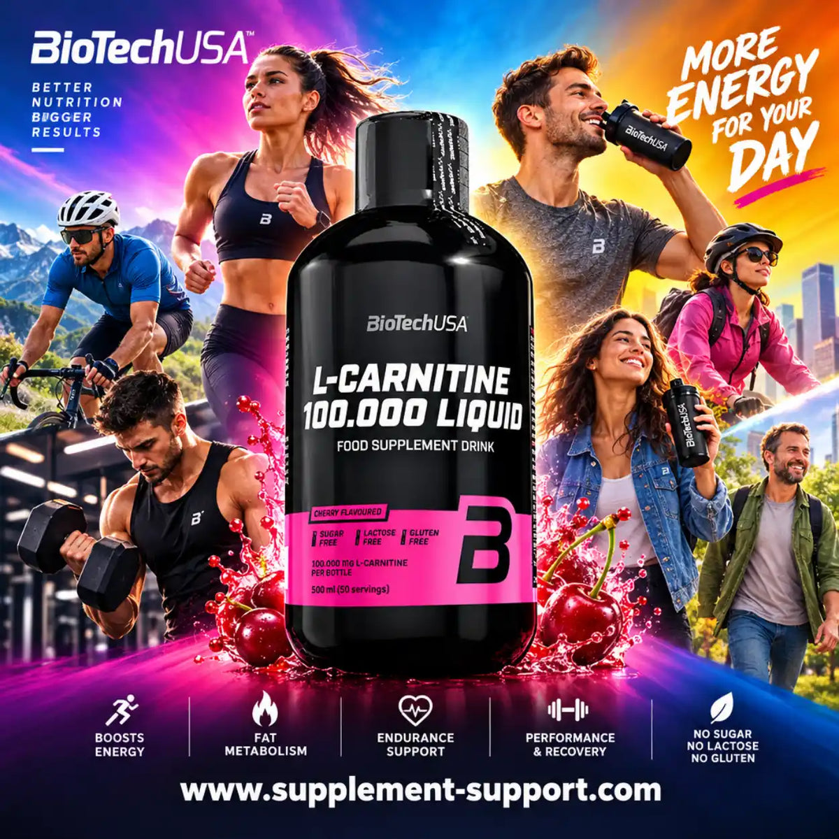 BioTech USA L-Carnitine Liquid 100.000 Kirsch-Geschmack Nahrungsergänzungsmittel für Sportler