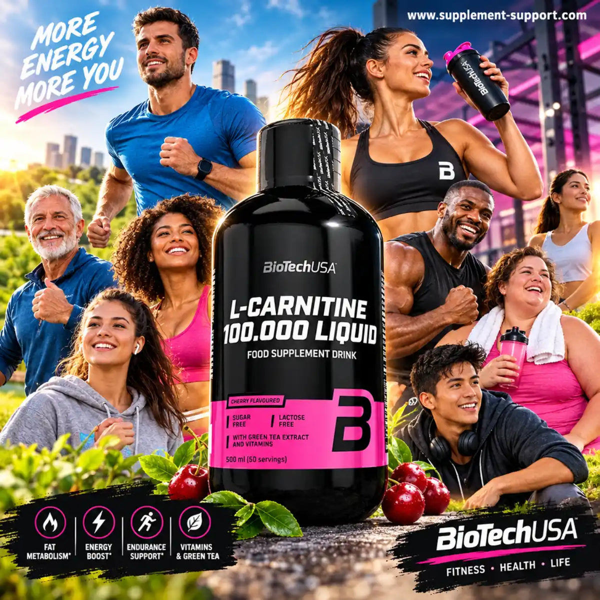 BioTech USA L-Carnitine 100.000 Liquid Nahrungsergänzungsmittel in Kirschgeschmack mit Sportlern.