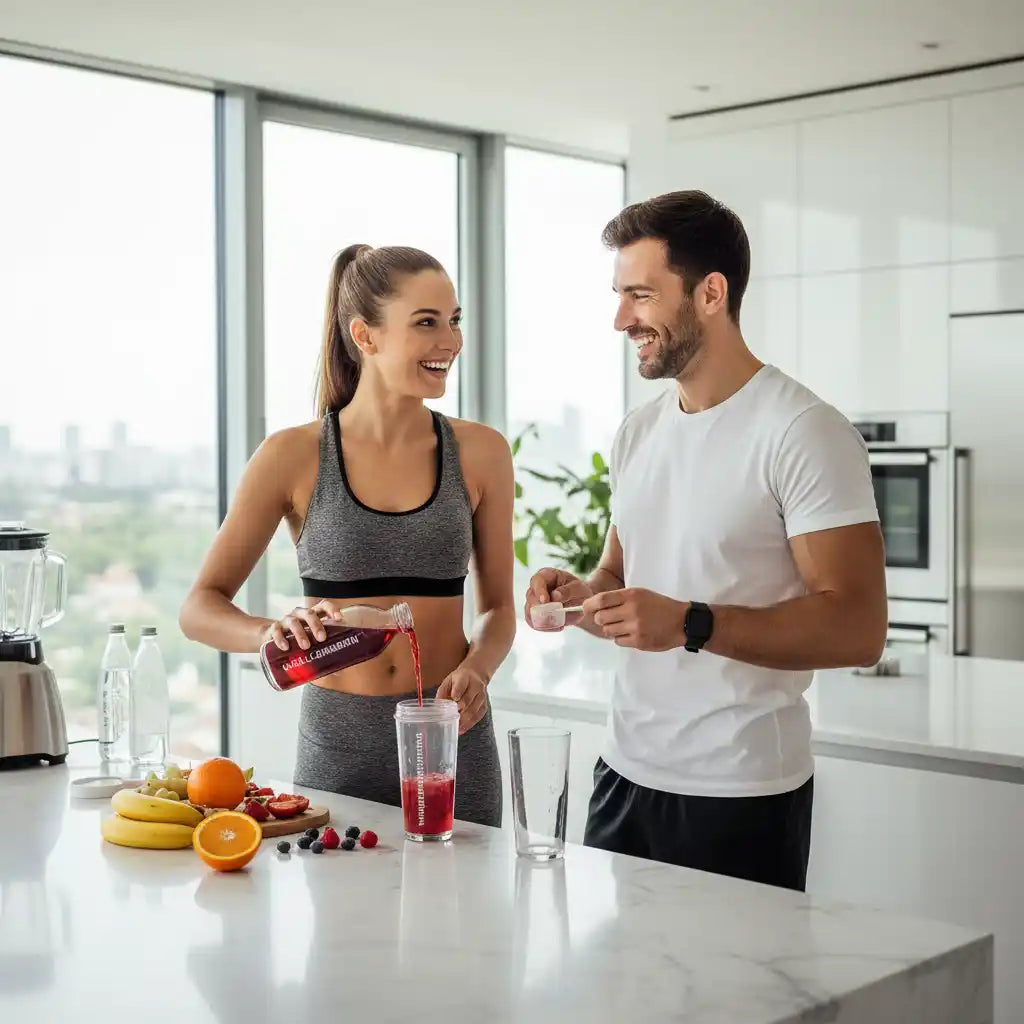 Paar bereitet Sportnahrung mit Beeren und Orangen in moderner Küche zu