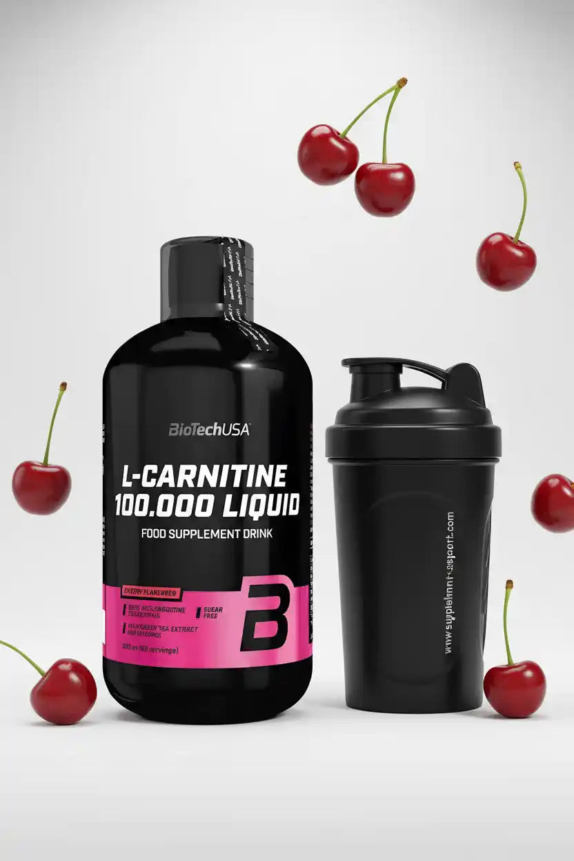 BioTechUSA L-Carnitin 100.000 Liquid mit Kirschen und Shaker – Sportnahrung für Fitness & Training