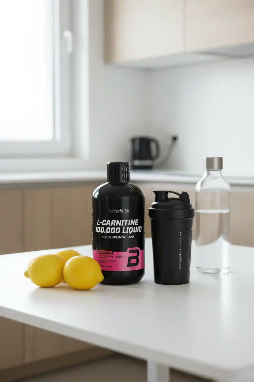 L-Carnitin 100.000 Liquid von BioTechUSA mit Shaker und Zitronen auf Küchentisch – Nahrungsergänzung für Sportler