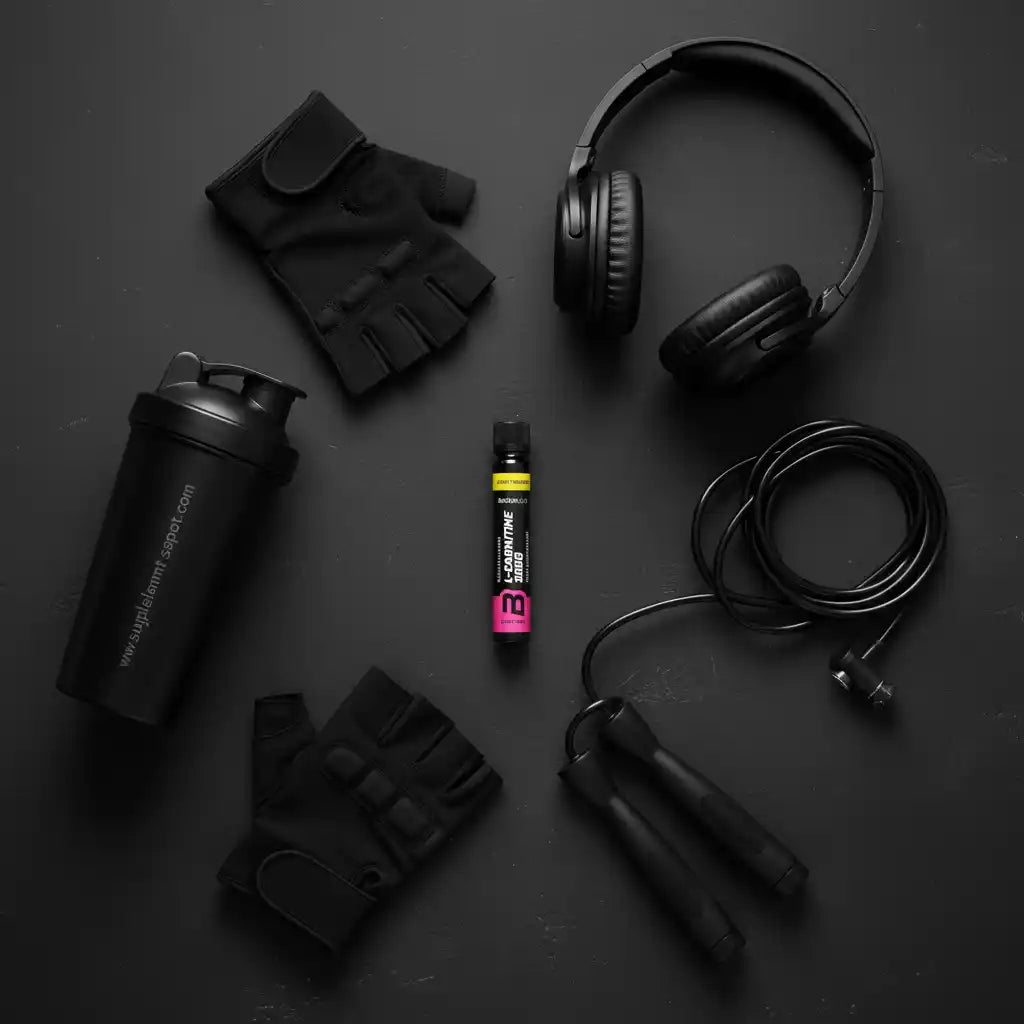 Fitness-Set mit Shaker, Handschuhen, Kopfhörern, Springseil und L-Carnitine Supplement auf schwarzem Grund
