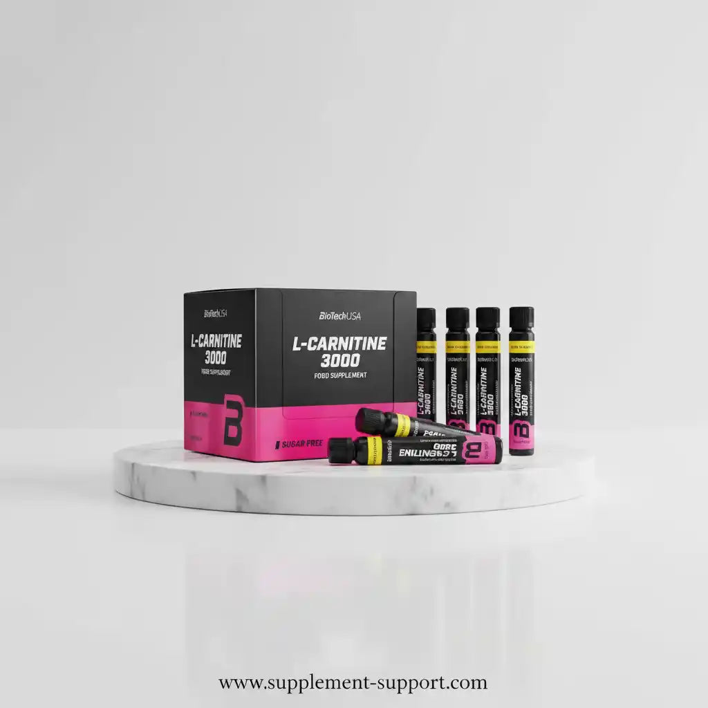 BioTechUSA L-Carnitine 3000 Nahrungsergänzung in Packung und Ampullen auf Marmoruntergrund