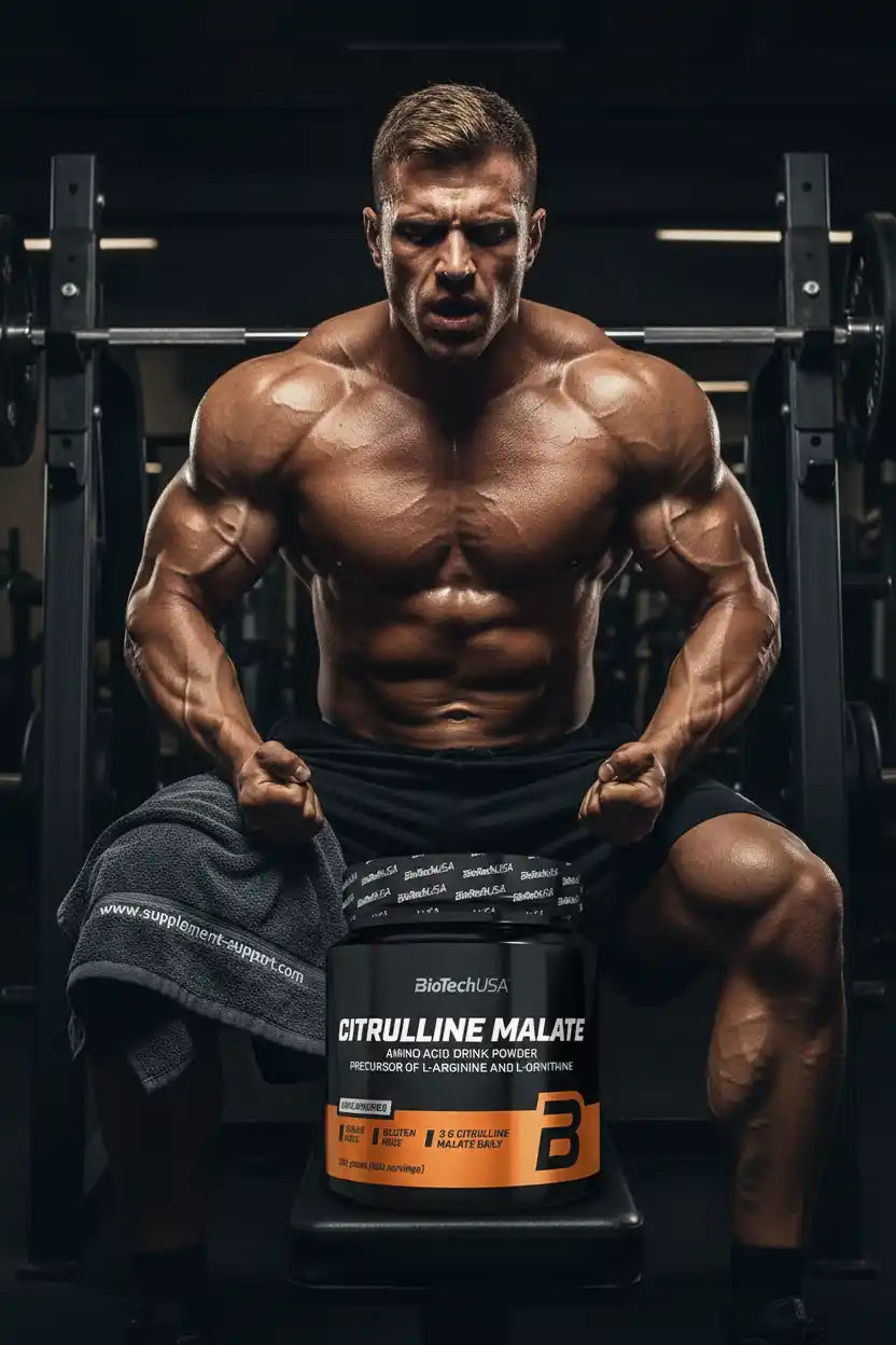 Muskulöser Mann mit Citrulline Malate Supplement im Fitnessstudio