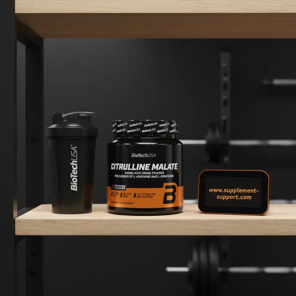 BioTechUSA Citrulline Malate Aminosäurepulver, Shaker & Supplement-Support.com Schild auf Holzregal