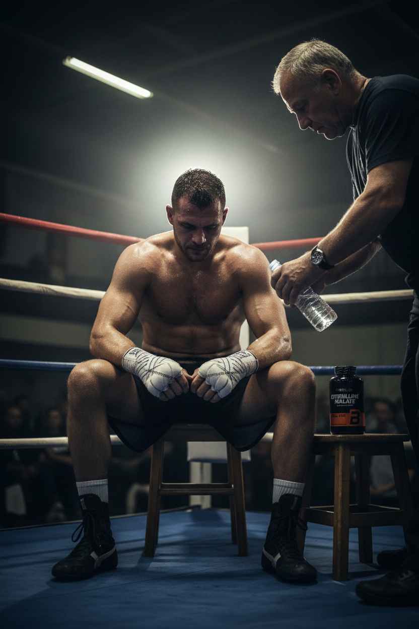 Boxer im Ring mit Trainer, Nahrungsergänzungsmittel für Sportler, Fitness und Leistung